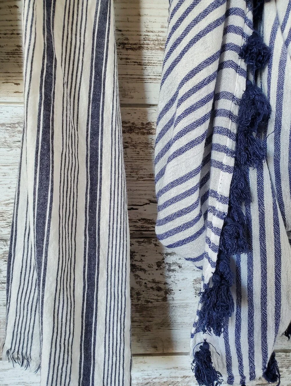 Scarf Set Blue White Stripe Cotton Long Rectangle & Flouncy Tassel Scarf